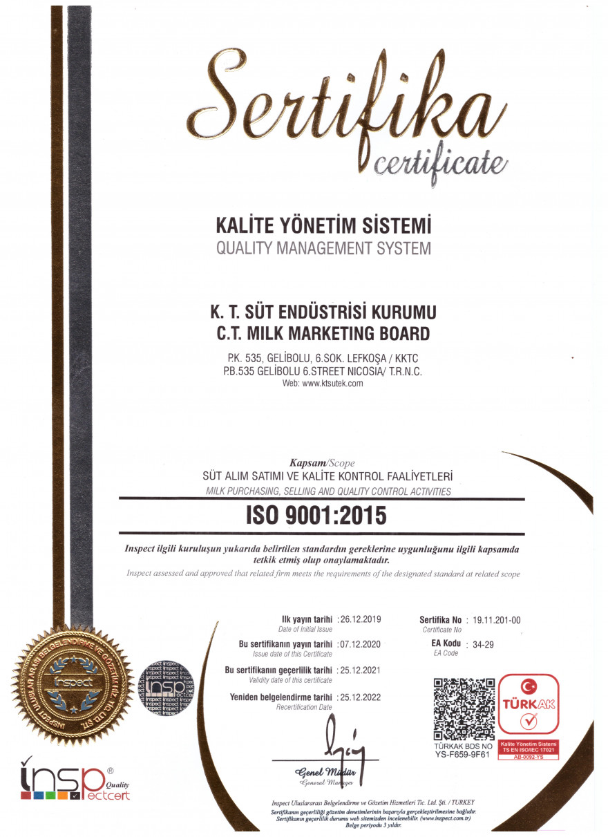 SÜTEK, KALİTE YÖNETİM SİSTEMİ ISO 9001: 2015 SERTİFİKASINI YENİLEDİ