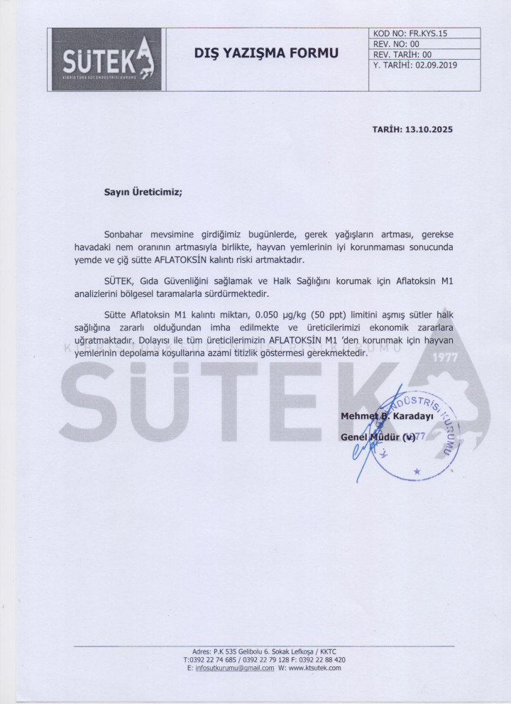 ÜRETİCİ BİLGİLENDİRME (AFLATOKSİN M1)